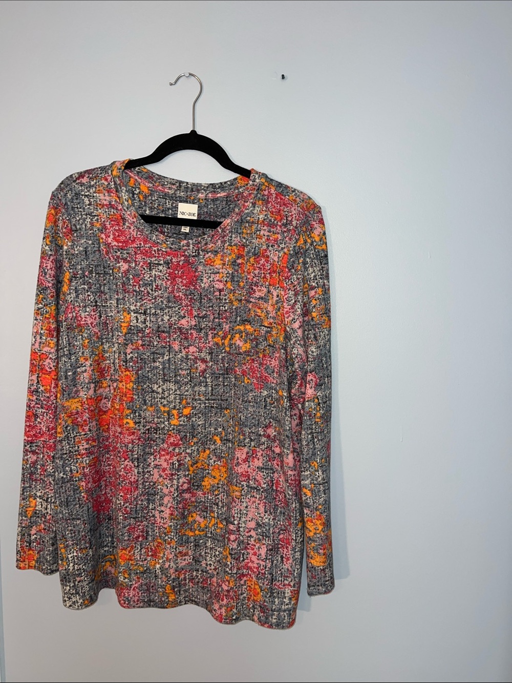 Soft Long-Sleeve Heathered Pullover in Pink, Orange & Gray